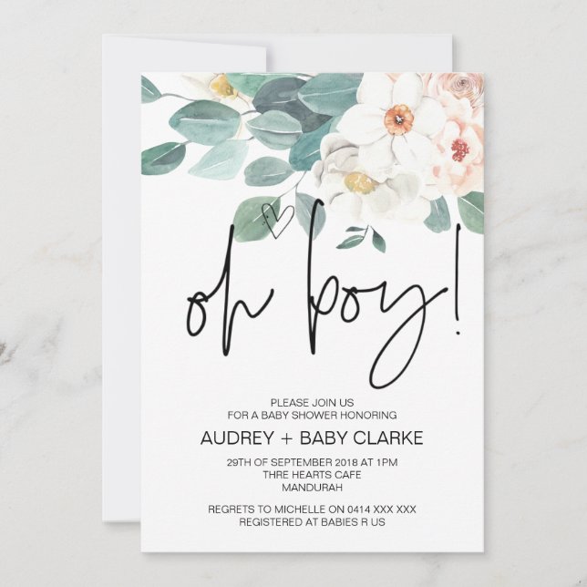 Oh Boy Cute Baby Shower Party Blush Floral Invitation (Front)