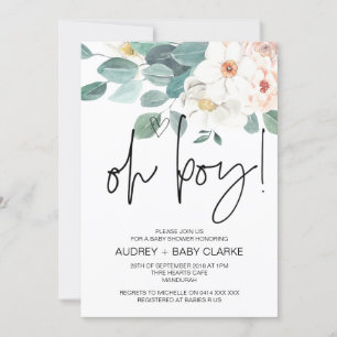 Oh Boy Cute Baby Shower Party Blush Floral Invitation