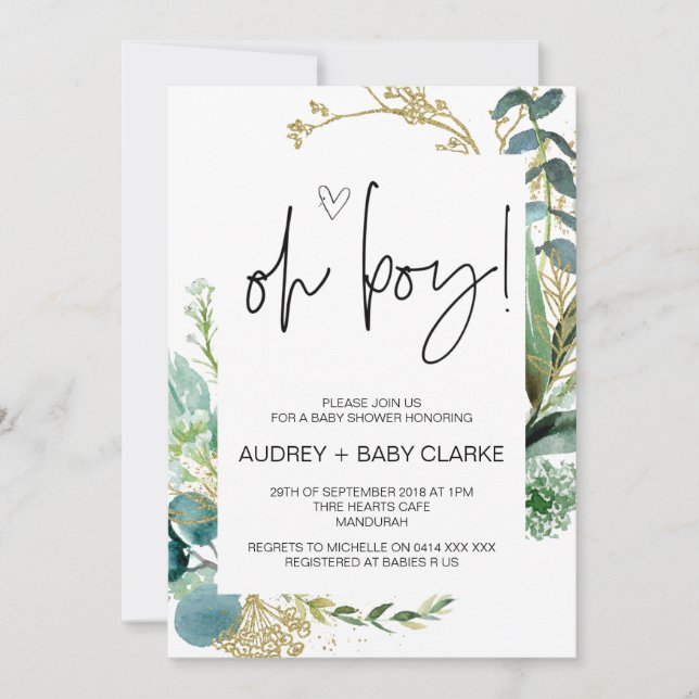 Oh Boy Cute Baby Shower Party Green Eucalyptus Inv Invitation (Front)