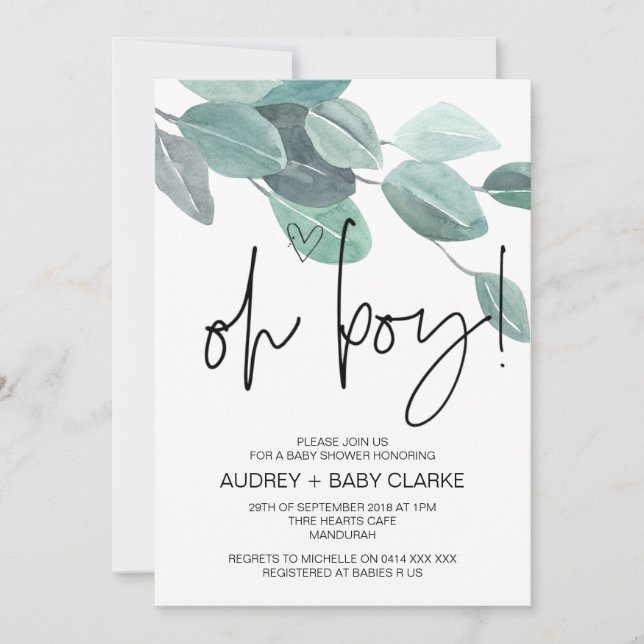 Oh Boy Cute Baby Shower Party Green Eucalyptus Invitation (Front)