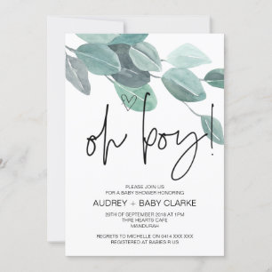 Oh Boy Cute Baby Shower Party Green Eucalyptus Invitation