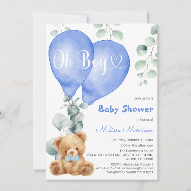 Oh Boy Cute Bear Blue Balloons Boy Baby Shower Invitation (Front)