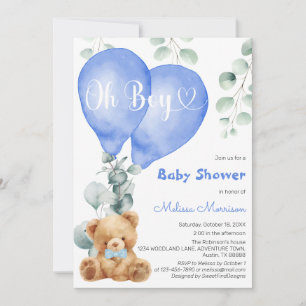 Oh Boy Cute Bear Blue Balloons Boy Baby Shower Invitation