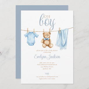 Oh Boy Cute Blue Clothesline Baby Shower Invitation