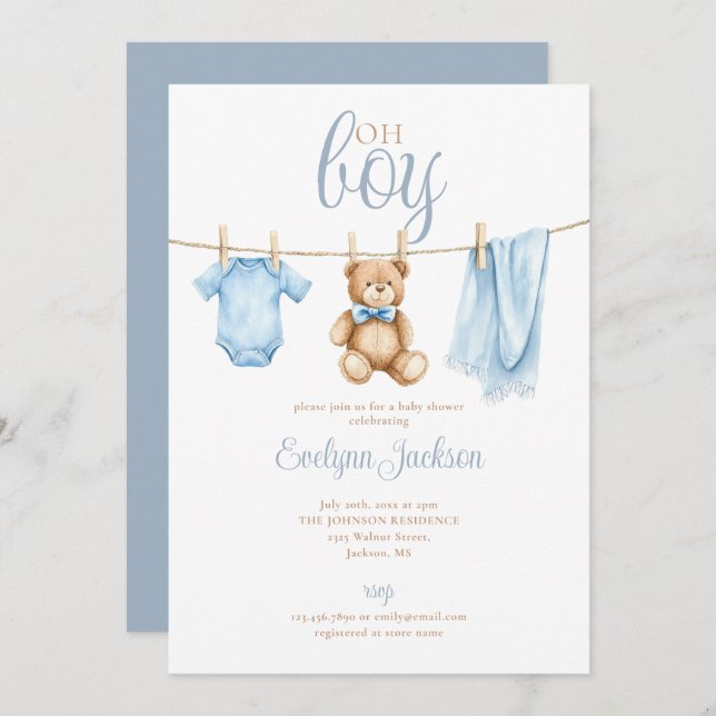 Oh Boy Cute Blue Clothesline Baby Shower Invitation (Front/Back)