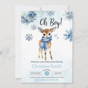Oh Boy Cute Blue Deer Snowflake Baby Boy shower Invitation