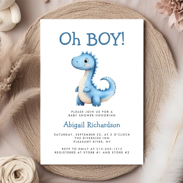 Oh Boy Cute Blue Dinosaur Baby Shower Invitation (Creator Uploaded)