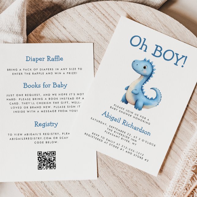 Oh Boy Cute Blue Dinosaur QR Code Baby Shower Invitation (Creator Uploaded)