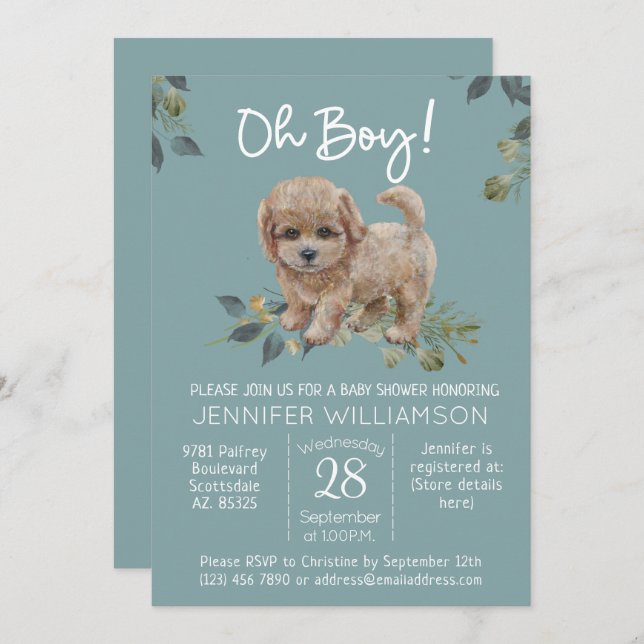 Oh Boy! Cute Dog Baby Shower Labradoodle Invitation (Front/Back)
