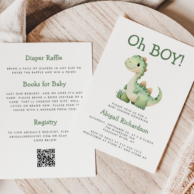 Oh Boy Cute Green Dinosaur QR Code Baby Shower Invitation (Creator Uploaded)