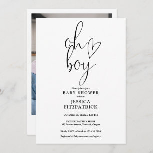 Oh Boy Cute Heart Script Photo Baby Shower Invitation