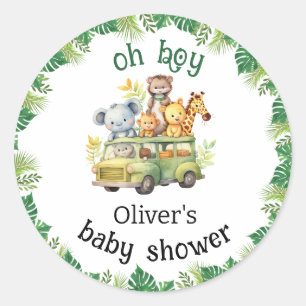 oh boy cute jungle safari animals baby shower classic round sticker