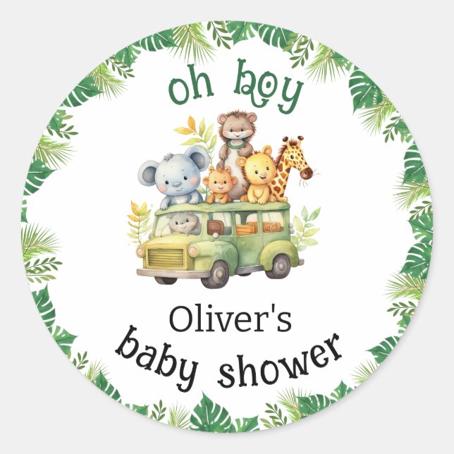 oh boy cute jungle safari animals baby shower classic round sticker (Front)