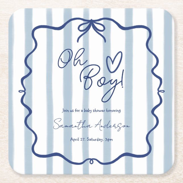 Oh Boy Cute Modern Blue Stripes Baby Shower Square Paper Coaster (Front)