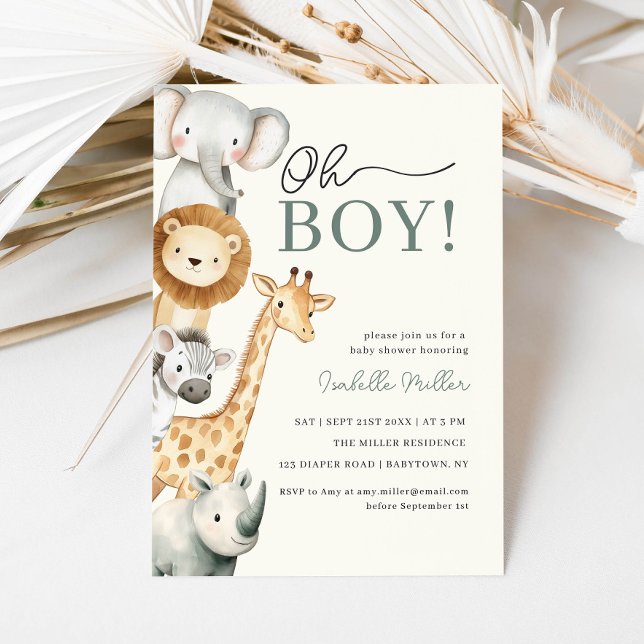 Oh Boy Cute Safari Animal Greenery Boy Baby Shower Invitation (Oh Boy Cute Safari Animal Greenery Boy Baby Shower Invitation)