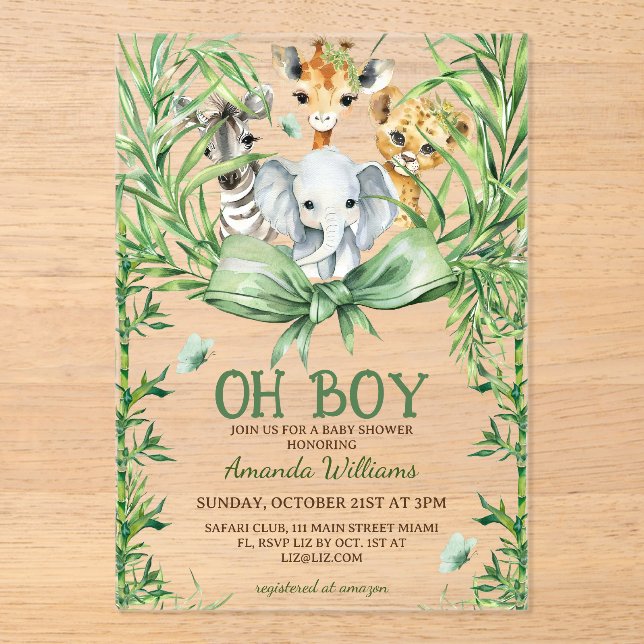 Oh Boy Cute Safari Animals Baby Shower Acrylic Invitations (Front)