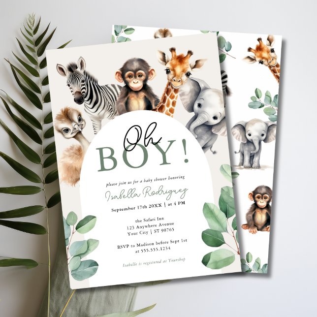 Oh Boy Cute Safari Animals Greenery Baby Shower Invitation (Oh Boy, Jungle Safari Baby Shower Invitation)