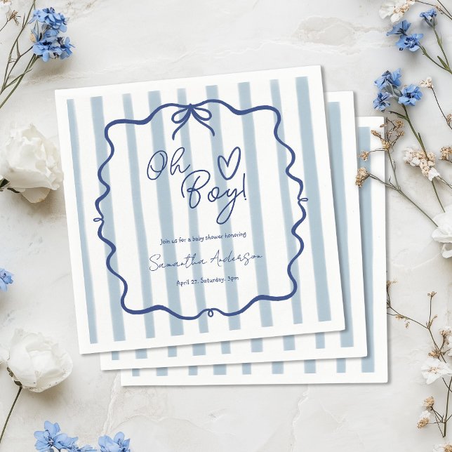 Oh Boy Cute Whimsical Blue Stripes Baby Shower Napkin (Creator Uploaded)