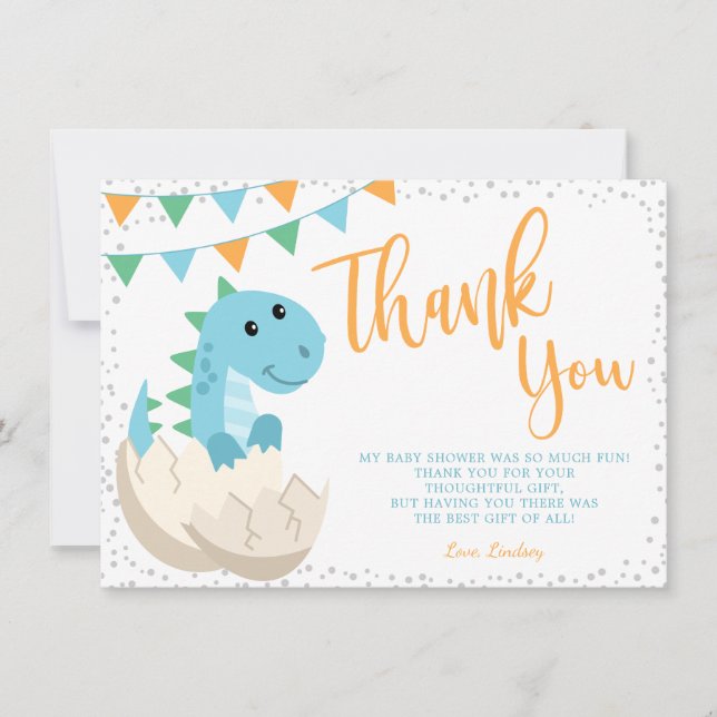 Oh Boy Dinosaur Baby Shower Flat Thank You Card (Front)