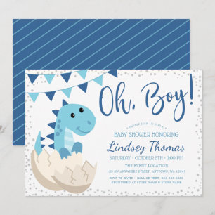 Oh Boy Dinosaur Navy Blue Baby Shower Invitation
