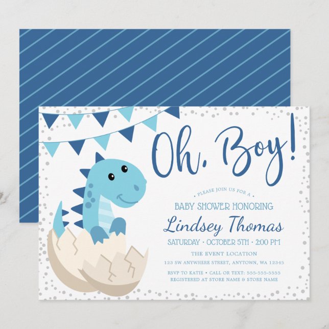 Oh Boy Dinosaur Navy Blue Baby Shower Invitation (Front/Back)