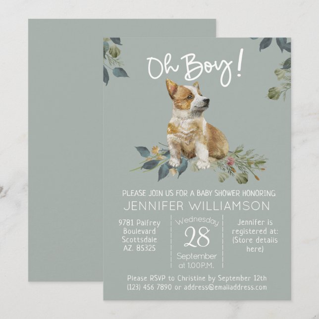 Oh Boy! Dog Baby Shower Corgi Puppy Invitation (Front/Back)