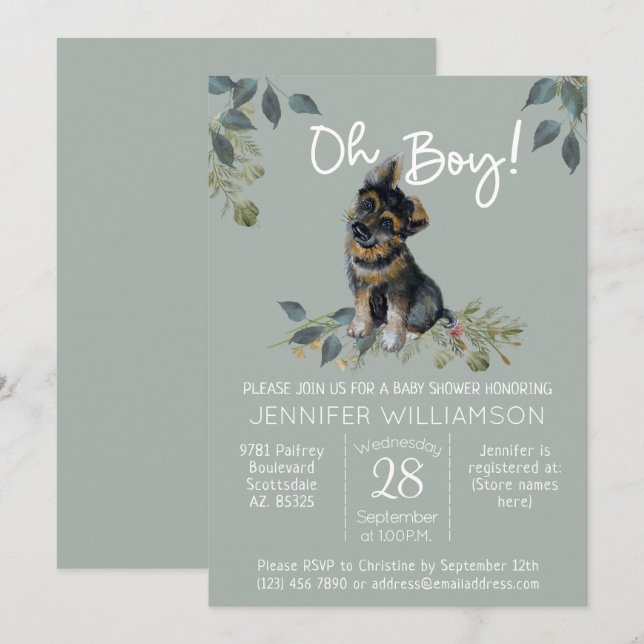 Oh Boy! Dog Baby Shower German Shepherd Puppy Sage Invitation (Front/Back)