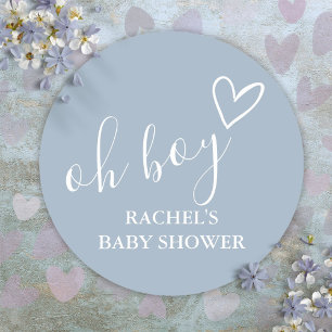Oh Boy Dusty Blue Baby Shower Cute Heart Thank You Classic Round Sticker