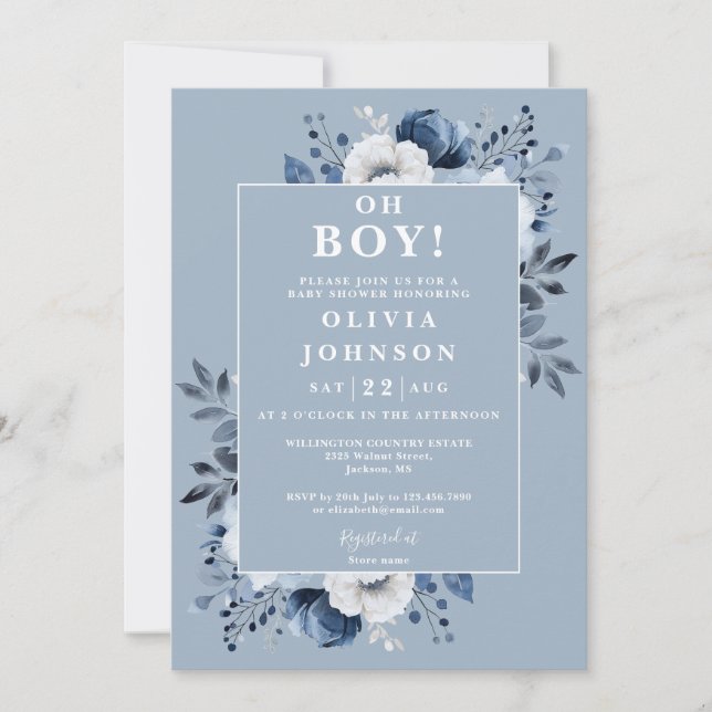 Oh Boy Dusty Blue Elegant Floral Baby Shower Invitation (Front)