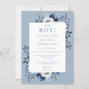 Oh Boy Dusty Blue Floral All In One Baby Shower Invitation