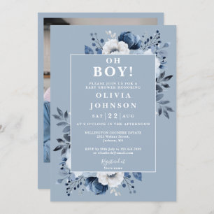 Oh Boy Dusty Blue Floral Photo Baby Shower Invitation