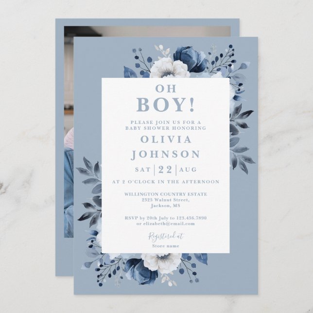 Oh Boy Dusty Blue Floral Photo Baby Shower Invitation (Front/Back)