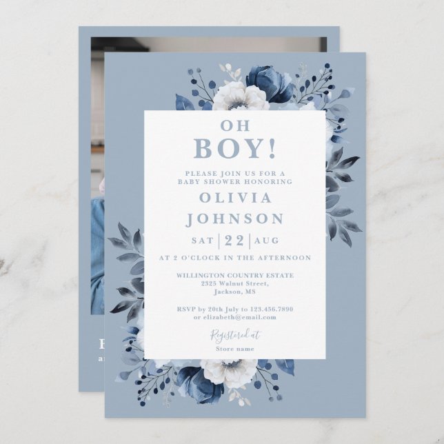 Oh Boy Dusty Blue Floral Photo QR Baby Shower Invitation (Front/Back)