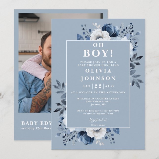 Oh Boy Dusty Blue Floral Photo QR Baby Shower Invitation (Front/Back)