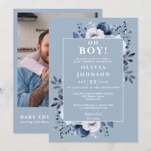 Oh Boy Dusty Blue Floral Photo QR Baby Shower Invitation