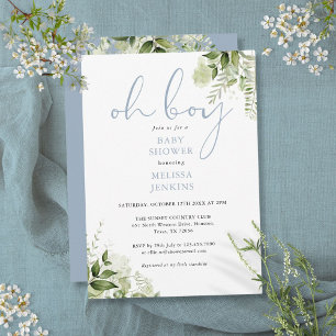 Oh Boy Dusty Blue Greenery Baby Shower Invitation
