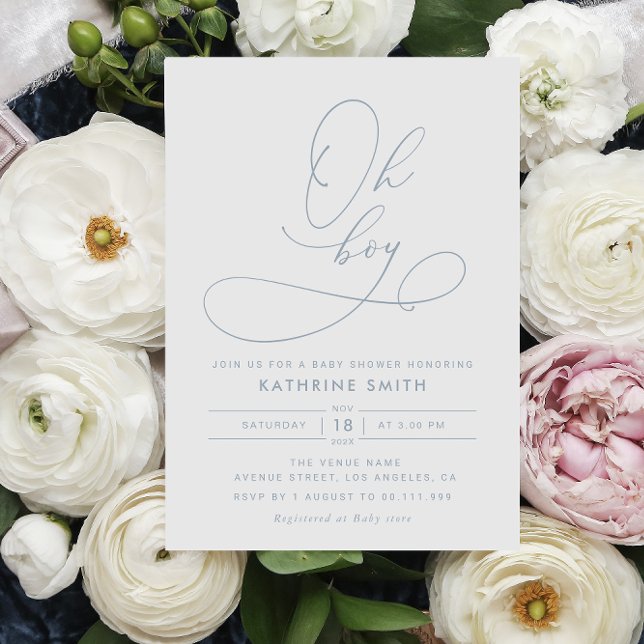 Oh Boy Dusty Blue Modern Baby Shower Invitation (Creator Uploaded)