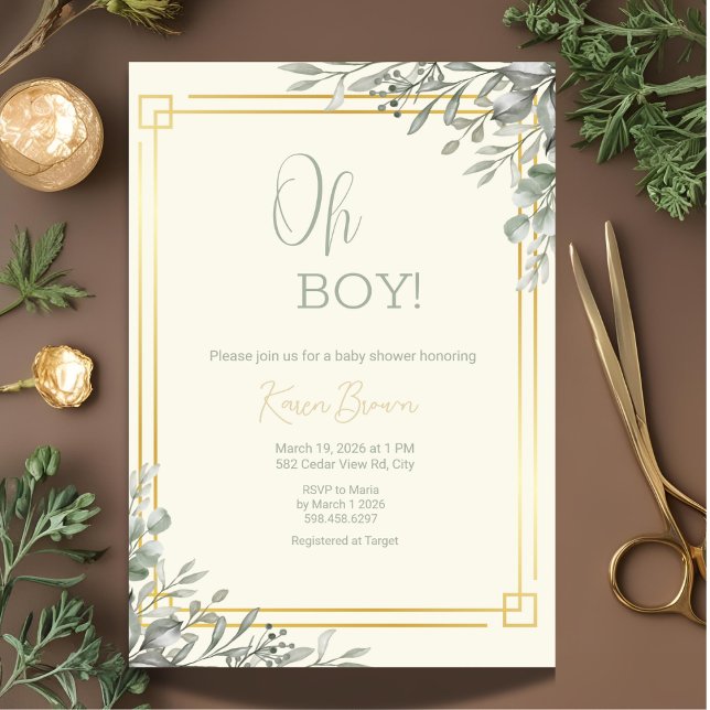 Oh Boy Elegant Greenery & Gold Baby Shower  Invitation (Creator Uploaded)