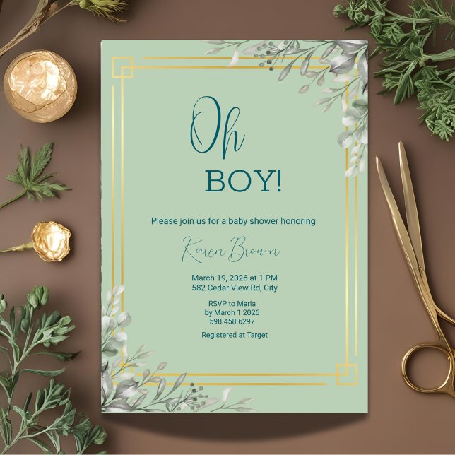 Oh Boy Elegant Greenery & Gold Baby Shower  Invitation (Creator Uploaded)