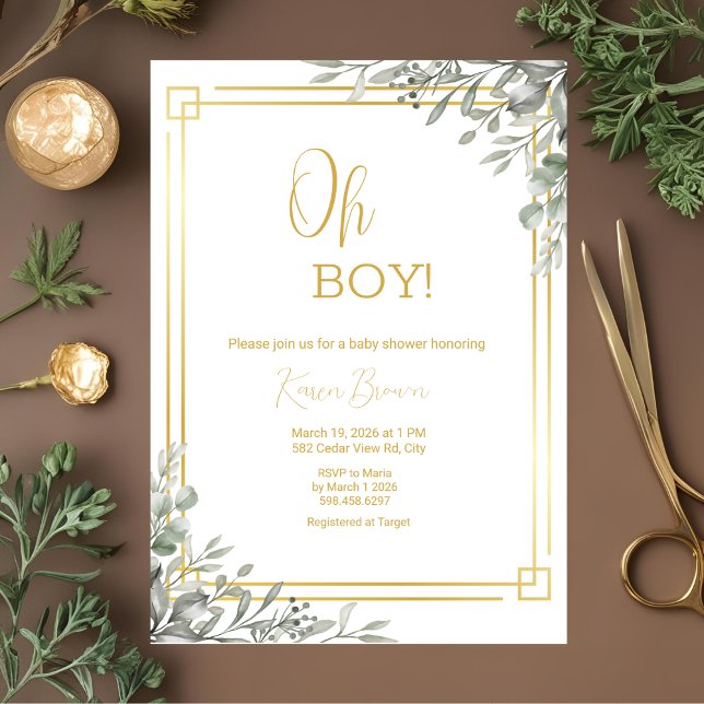 Oh Boy Elegant Greenery & Gold Baby Shower  Invitation (Creator Uploaded)