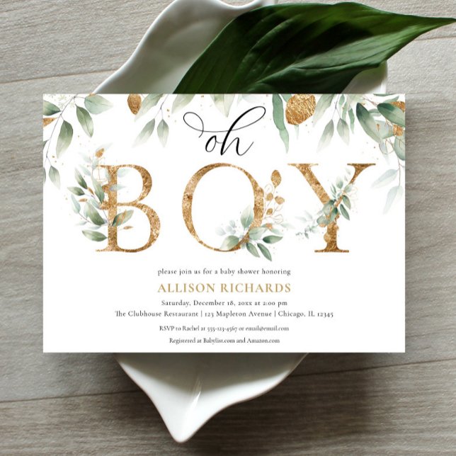 Oh Boy elegant simple greenery gold baby shower Invitation (Creator Uploaded)