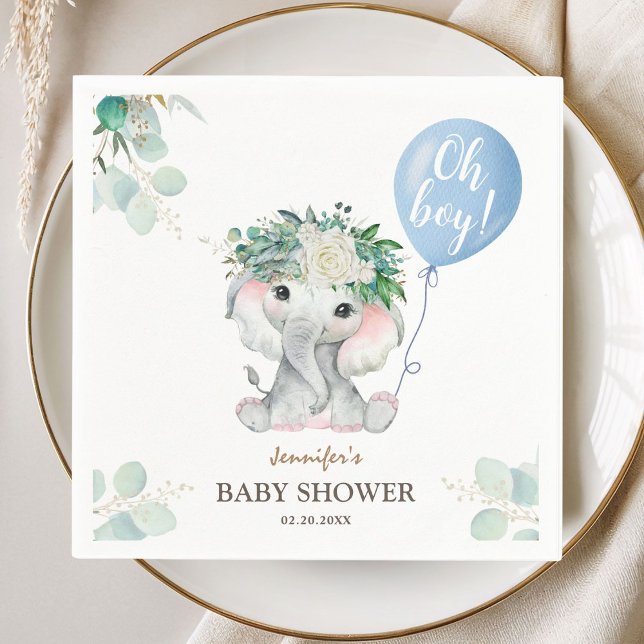 Oh Boy Elephant Baby Shower Cute Blue Balloon  Napkin (Creator Uploaded)