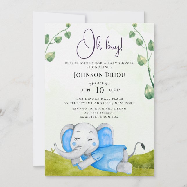 Oh Boy Elephant Baby Shower Invitation (Front)