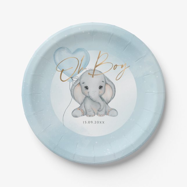 Oh Boy Elephant Blue Balloon boy Baby Shower Paper Plate (Front)