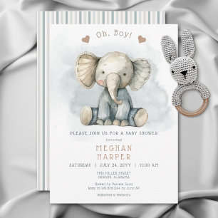Oh Boy Elephant Blue Striped Baby Shower Invitation