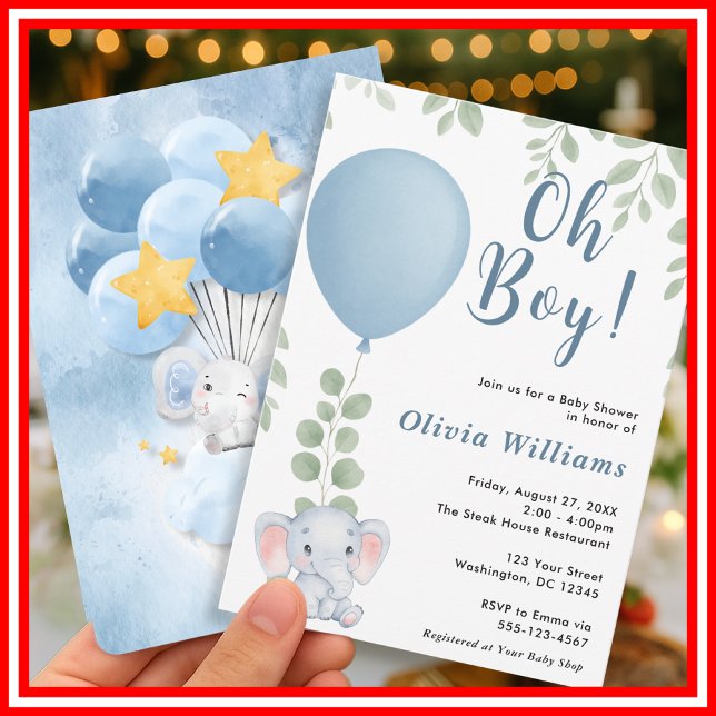 Oh Boy Elephant Eucalyptus Balloon Baby Shower   Invitation (Creator Uploaded)