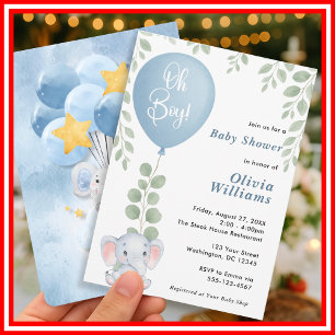Oh Boy Elephant Eucalyptus Balloon Baby Shower Invitation