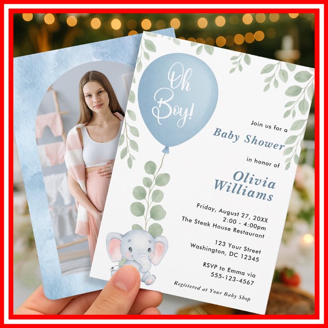 Oh Boy Elephant Eucalyptus Blue Balloon PHOTO Invitation (Creator Uploaded)
