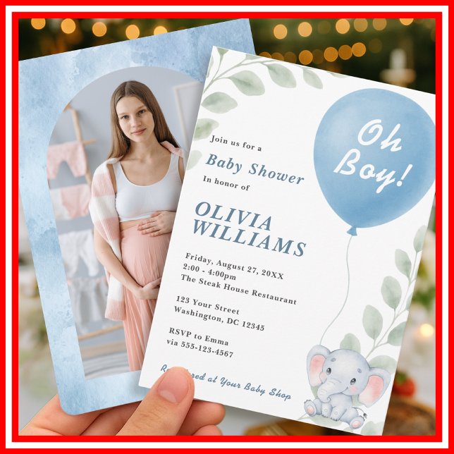 Oh Boy Elephant Eucalyptus Blue Balloon PHOTO Invitation (Creator Uploaded)