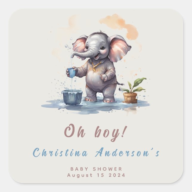 Oh Boy Elephant Rustic Gold Blue Baby Shower Square Sticker (Front)